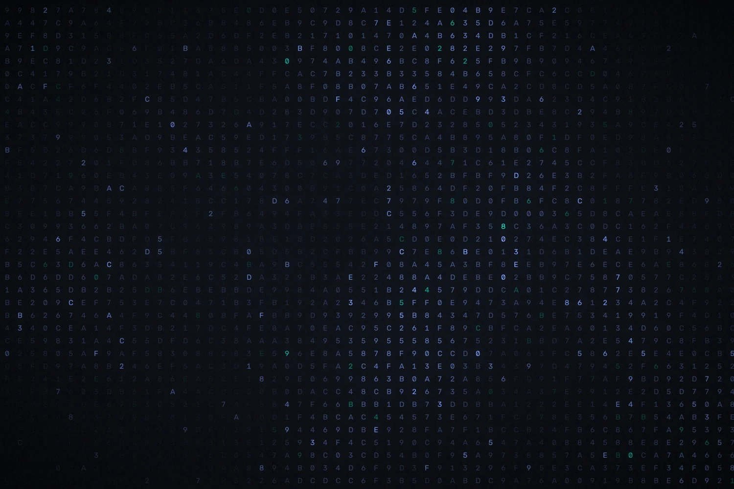 Abstract field of hexadecimal characters representing encrypted data.